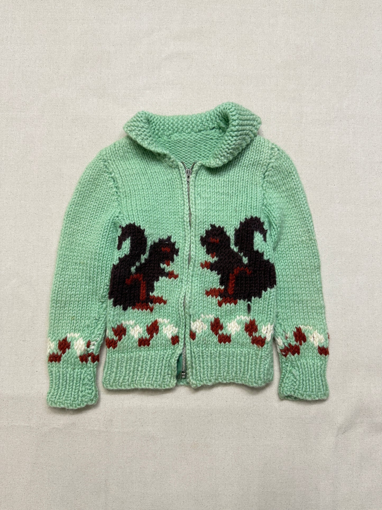 50s 60s Kids Toddler Vintage Mint Green Squirrel Lightning Zipper Cowichan Sweater / 3T 4T 5T