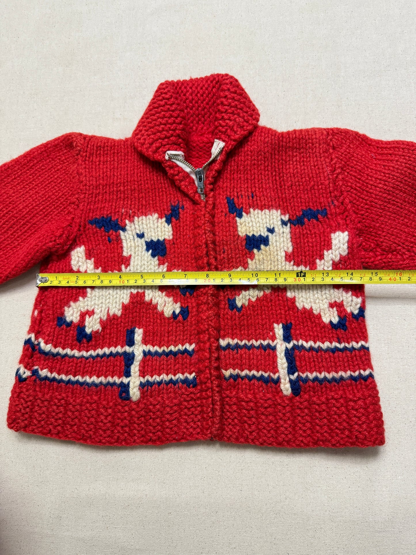 50s 60s Kids Toddler Vintage Lamb Emboridered Red Flash Zipper Shawl Collar Cowichan Sweater / 4T 5y 6y