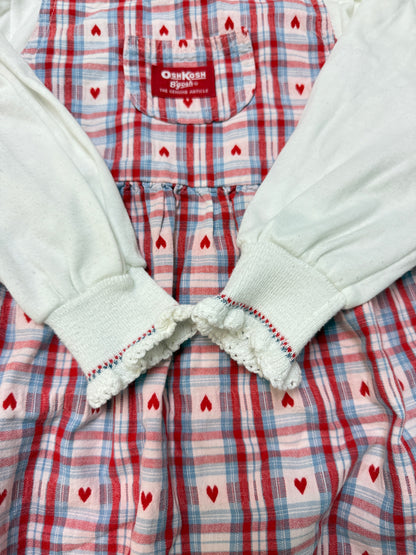 90s Kids Toddler Vintage Oshkosh Bgosh Heart AOP Check Dress and Floral Print Longsleeve Top 2pc Set  set