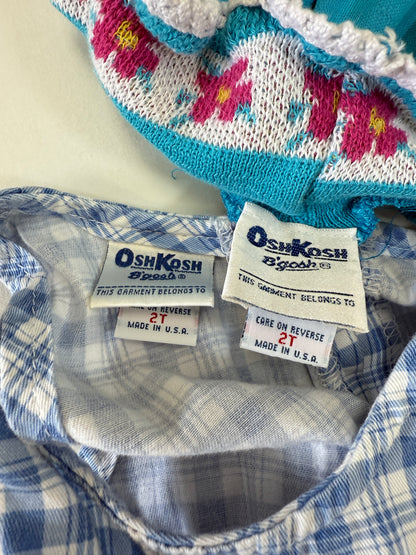90s Y2K Kids Toddler Infant Vintage Oshkosh Bgosh Blue Check Dress and Puff Sleeve Floral Print Longsleeve Top 2pc Set / 12m 18m 24m / Made in USA dress set