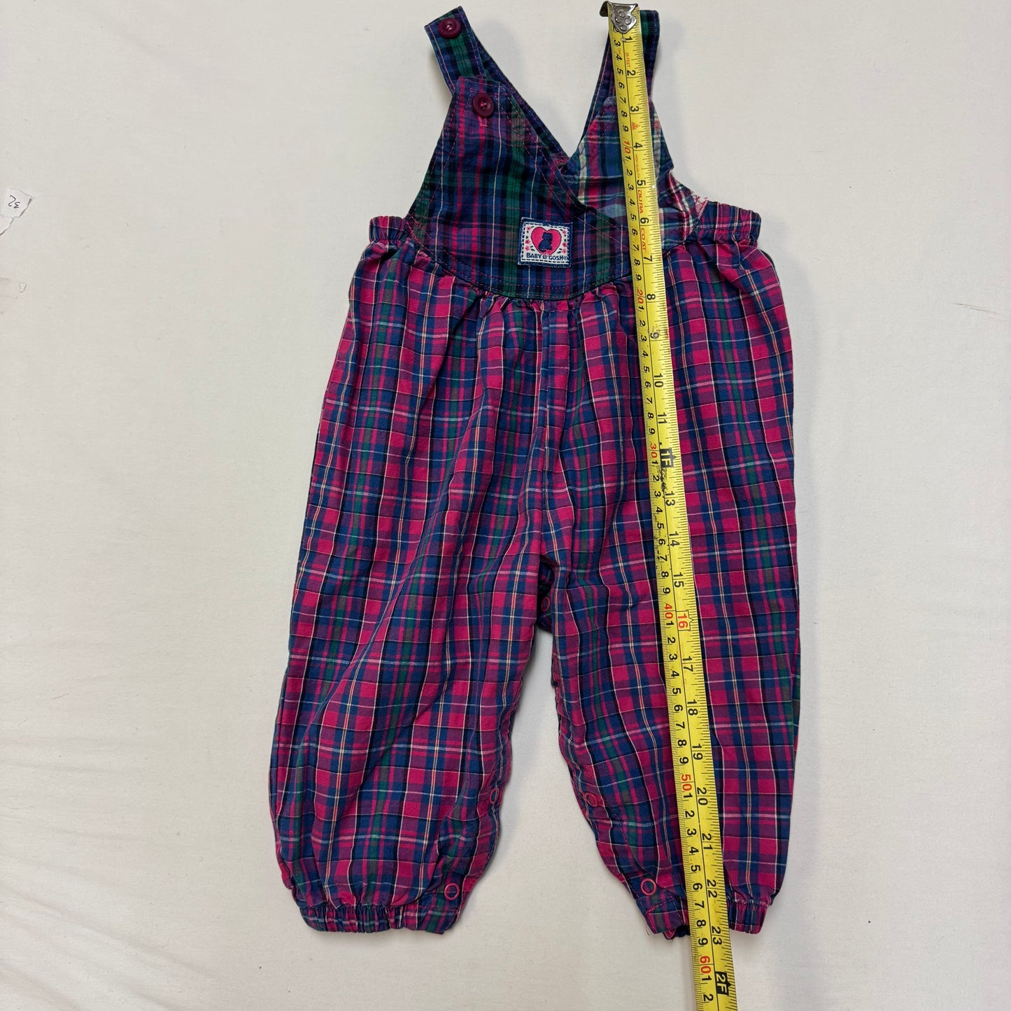 90s Kids Toddler Infant Vintage Baby B’Gosh Oshkosh Pink PurplePlaid Criss Cross Overall /18m / Made in USA