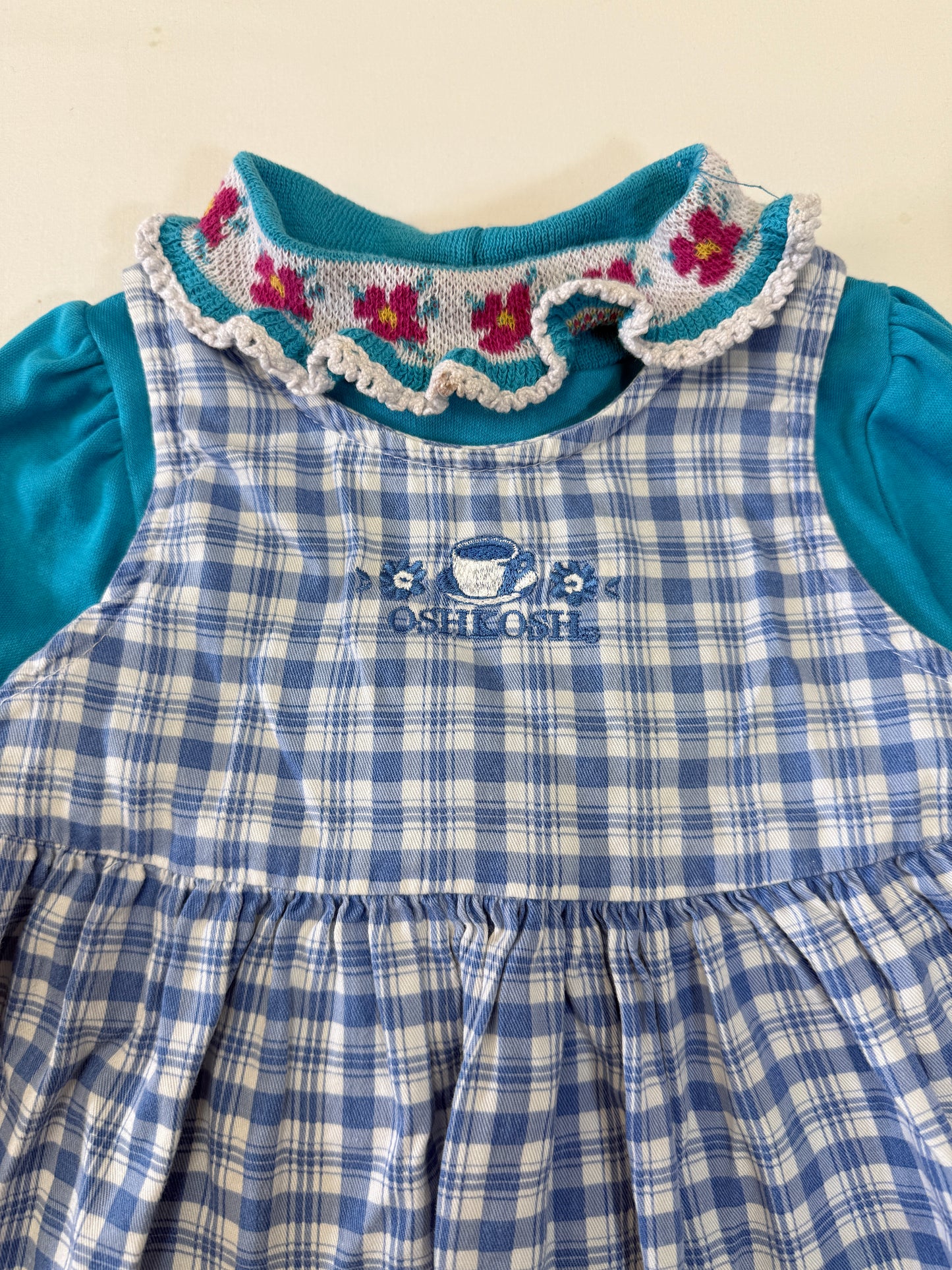 90s Y2K Kids Toddler Infant Vintage Oshkosh Bgosh Blue Check Dress and Puff Sleeve Floral Print Longsleeve Top 2pc Set / 12m 18m 24m / Made in USA dress set