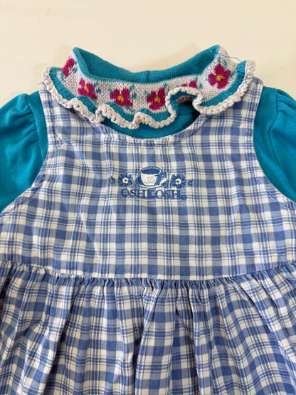 90s Y2K Kids Toddler Infant Vintage Oshkosh Bgosh Blue Check Dress and Puff Sleeve Floral Print Longsleeve Top 2pc Set / 12m 18m 24m / Made in USA dress set