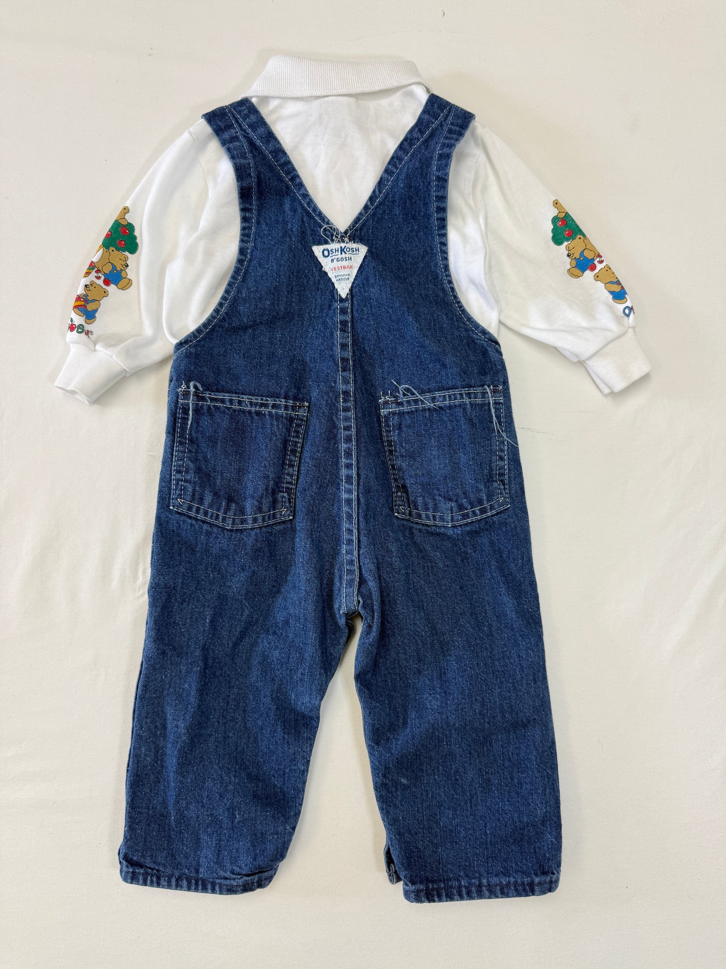 90s Kids Infant Baby Vintage Oshkosh Bgosh Denim Overall and Bears Print Longsleeve Polo Top 2pc Set / 3m 6m 9m / Made in USA