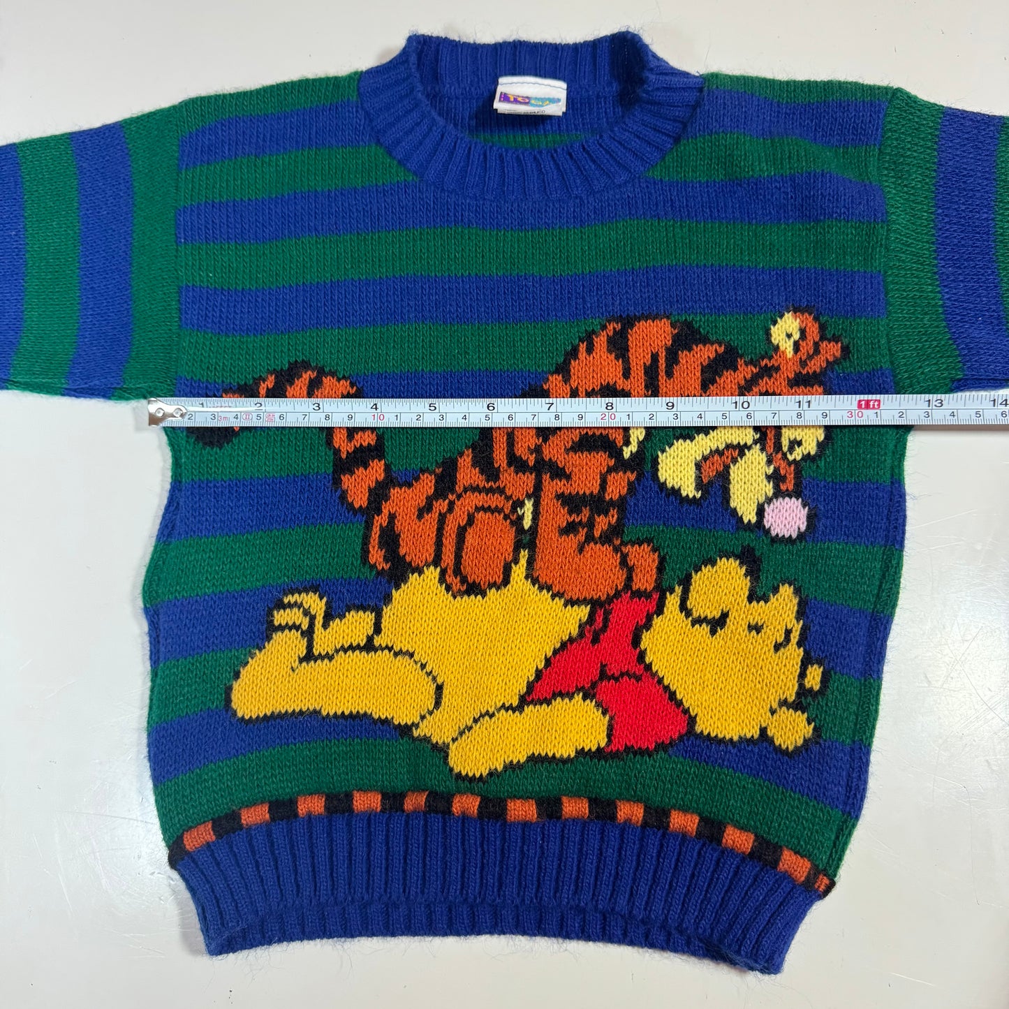 90s Kids Toddler Vintage Disney Pooh and Tiger Striped Green/Blue Knit Pullover Sweater Made in USA 3T
