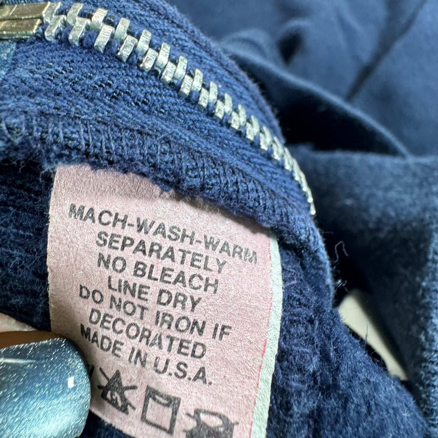 80s Kids Youth Vintage Drake University Flock Print Navy Zip Hooded Sweatshirt Made in USA L 14Y 16Y