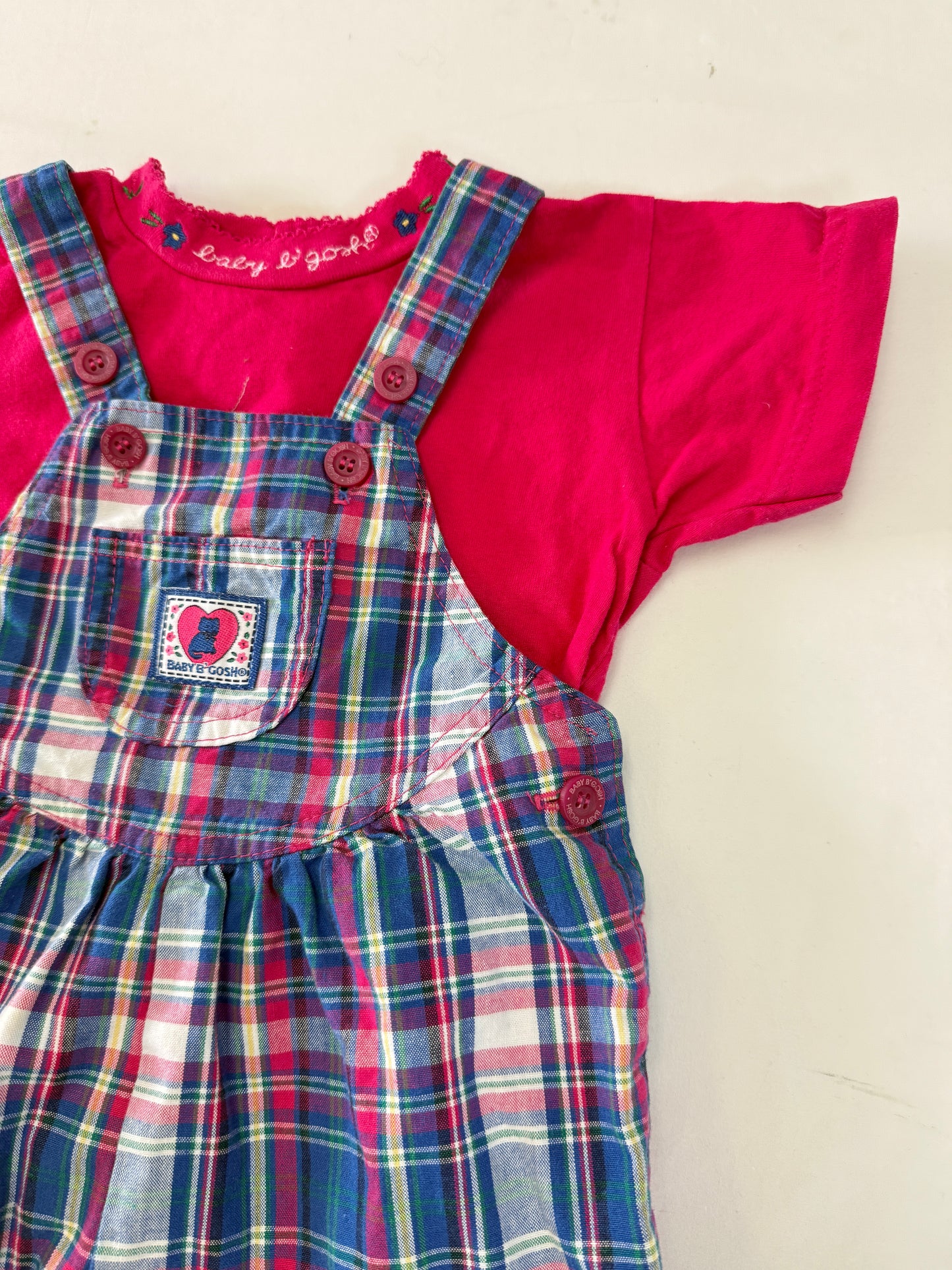90s Kids Toddler Infant Vintage Baby Bgosh Oshkosh Bgosh Plaid Check Pink Tshirt Overall 2pc Set / 12m 18m 24m / Made in USA