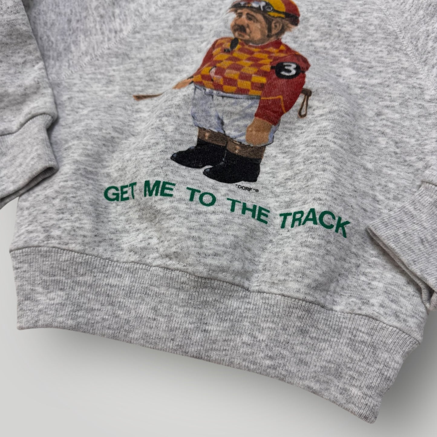 90s Kids Vintage Gray Santee Pullover Sweatshirt ' Get Me To The Track ' Jockey Print Made In USA 3/4Y