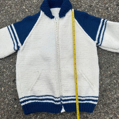 Vintage Kids Youth White Knit Zip Hockey Character Cowichan Sweater 8Y 9Y 10Y