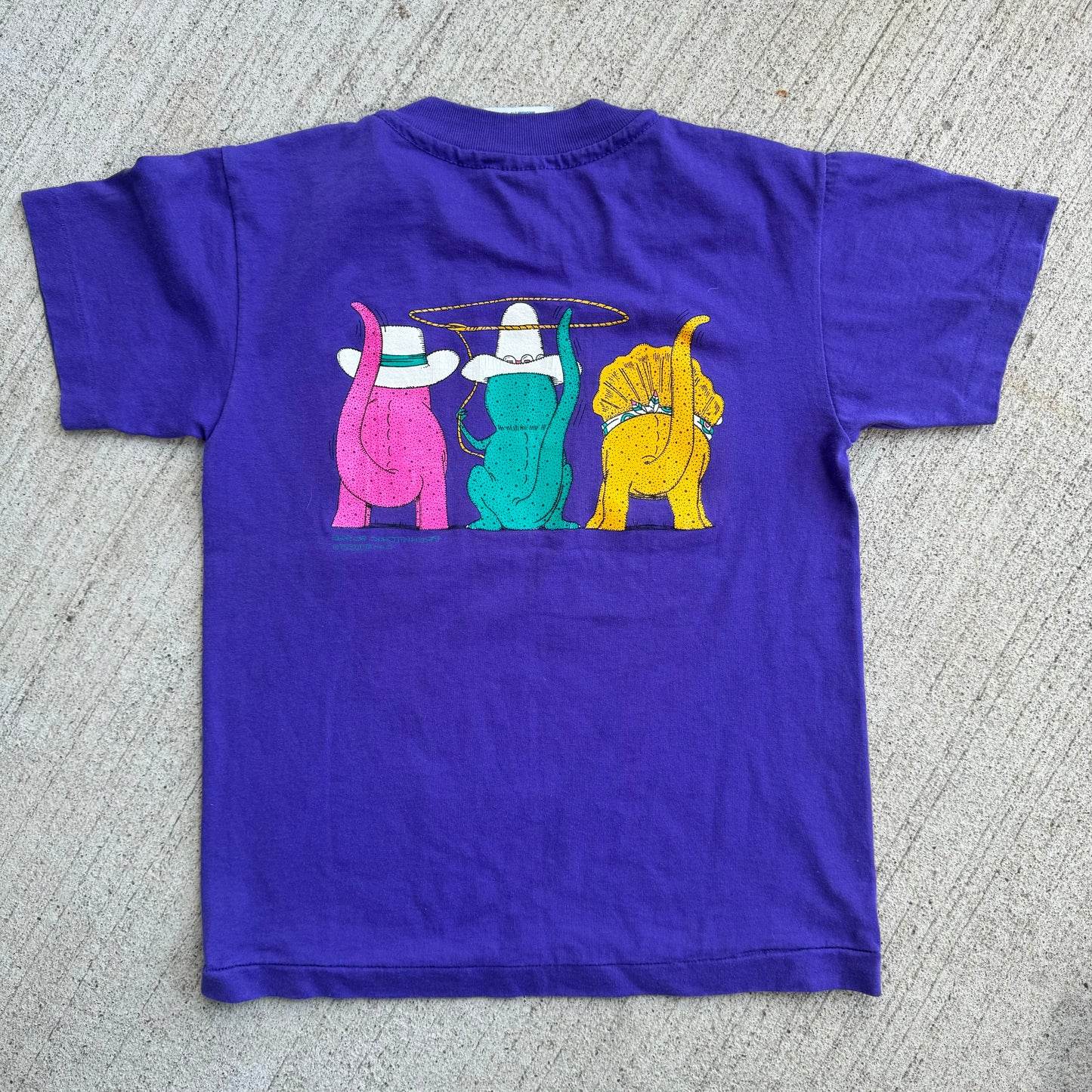 90s 1993 Kids Youth Vintage Prehistoric Posses Dinosaur 50/50 Purple T-Shirt 7Y 8Y 9Y Made in USA