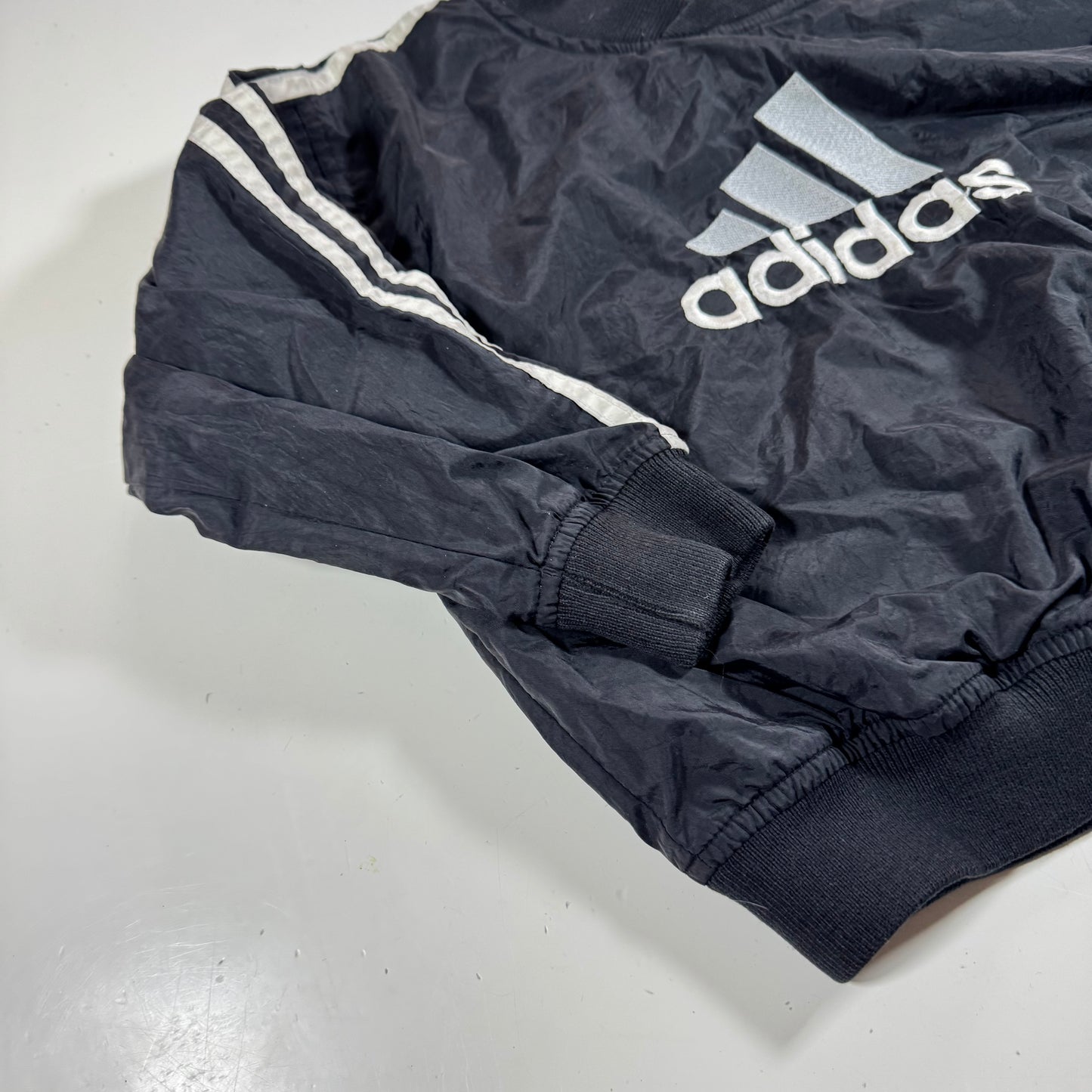 90s Vintage Adidas Kids Toddler Black Lined Pullover Sleeves Striped Windbreaker Sweatshirt Jacket Big Logo S 4T