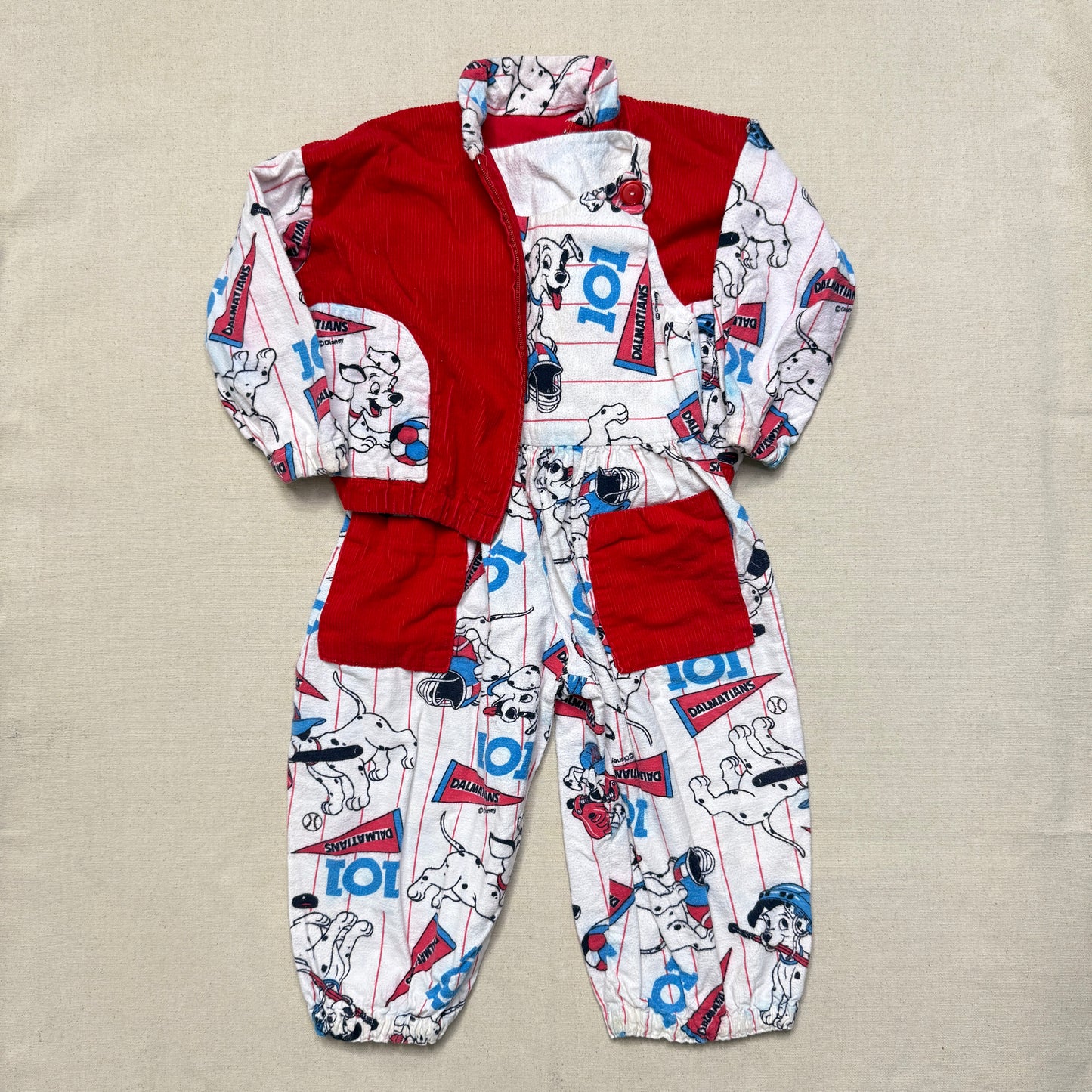 90s Kids Vintage Handmade Dalmatian Loose Fit Overall & Corduroy Zip Up Jacket 2pc Set / 4T 5T