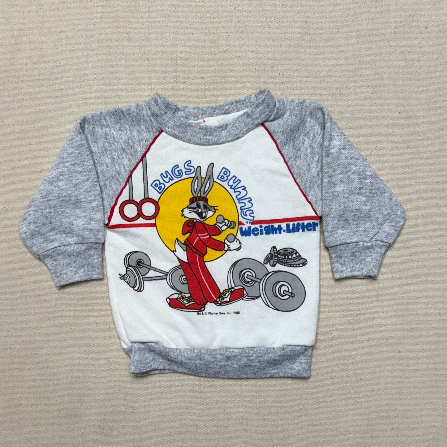 1988 80s Kids infant Baby Vintage Bugs Bunny Weight-Lifter Gray Raglan Sleeve Sweatshirt / 0m 3m 6m