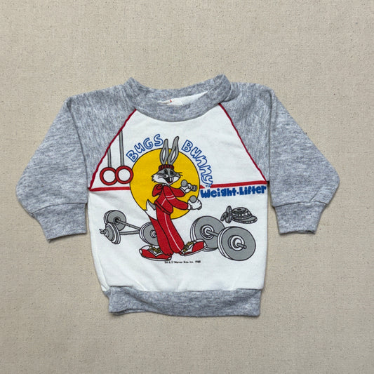 1988 80s Kids infant Baby Vintage Bugs Bunny Weight-Lifter Gray Raglan Sleeve Sweatshirt / 0m 3m 6m