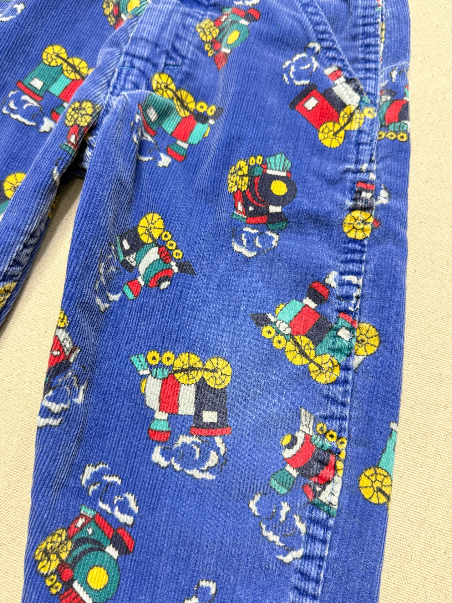 90s Kids Toddler Vintage Oshkosh Bgosh Train Pattern Blue Corduroy Overall / 2T 3T