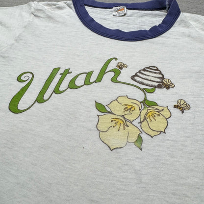 70s Kids Vintage Hanes Utah Honey Bee Souvenir Print White Short Sleeve T-Shirt M 10Y 11Y 12Y Made in USA
