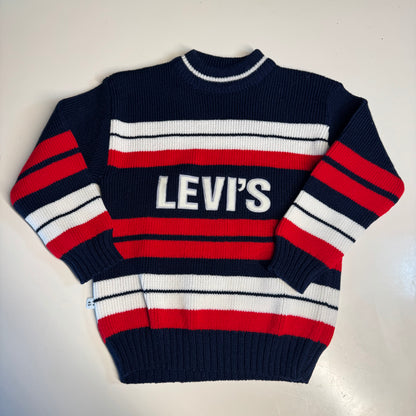 80s Vintage Kids Big  Logo Levi’s Knit Striped Navy White Red Pullover Long Sleeve Sweater 4Y 5Y 6Y