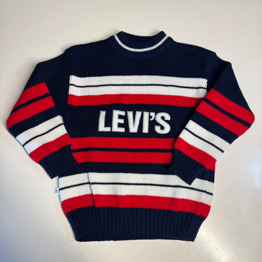 80s Vintage Kids Big  Logo Levi’s Knit Striped Navy White Red Pullover Long Sleeve Sweater 4Y 5Y 6Y