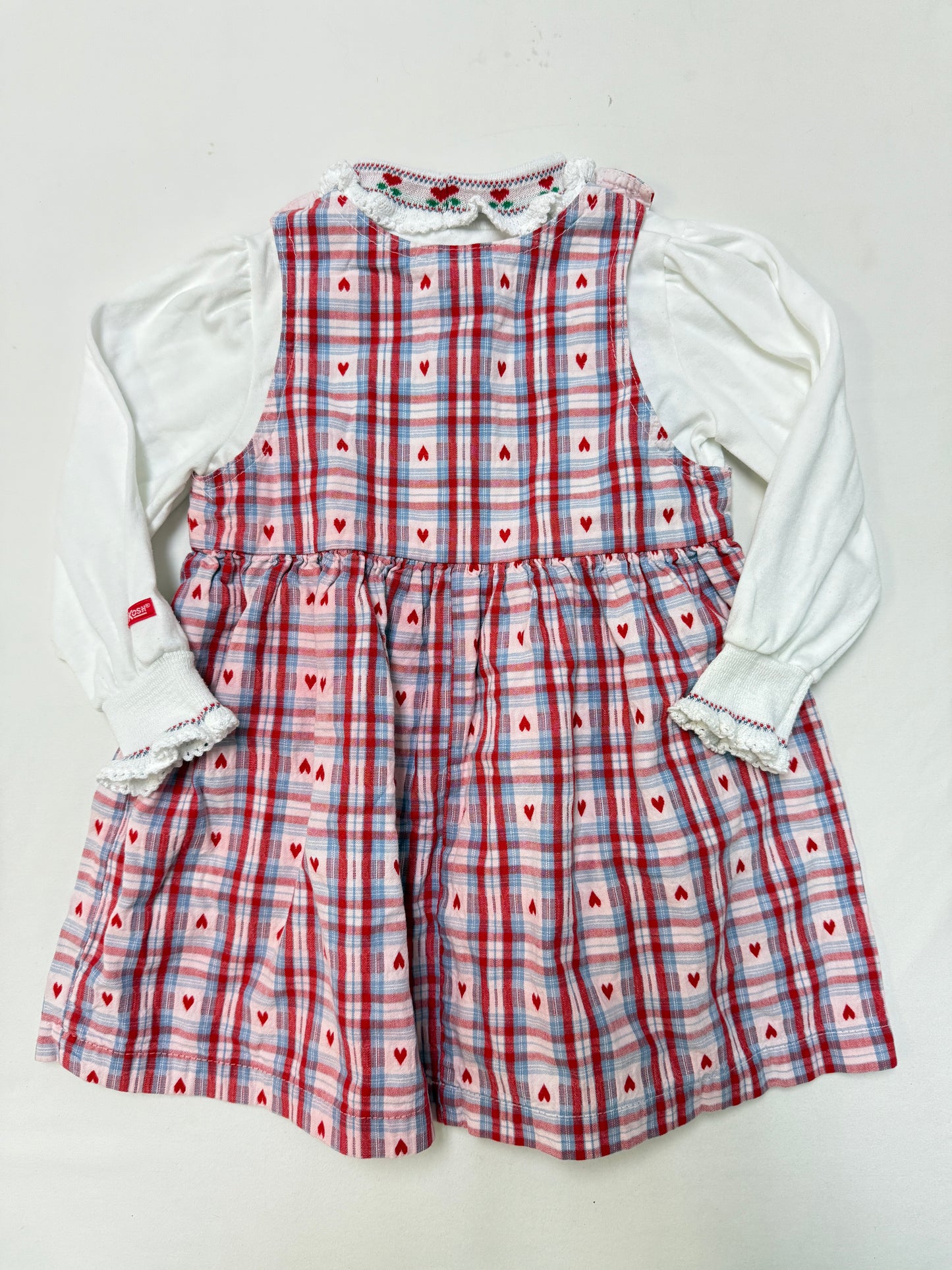 90s Kids Toddler Vintage Oshkosh Bgosh Heart AOP Check Dress and Floral Print Longsleeve Top 2pc Set  set