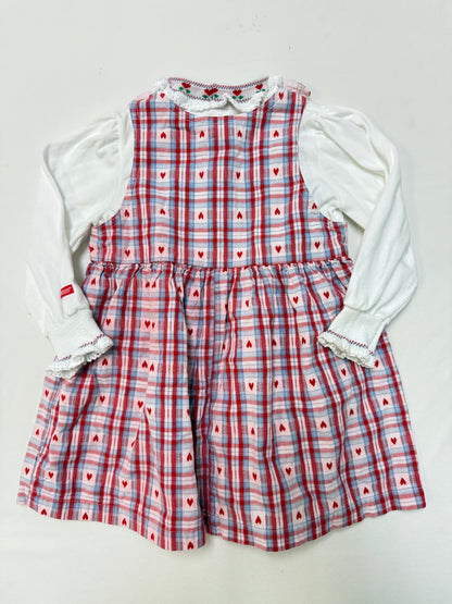 90s Kids Toddler Vintage Oshkosh Bgosh Heart AOP Check Dress and Floral Print Longsleeve Top 2pc Set  set