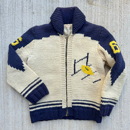 Vintage Kids Youth Cream Lined Cowichan Zip Wool Cardigan #66 Football Player 8Y 9Y 10Y