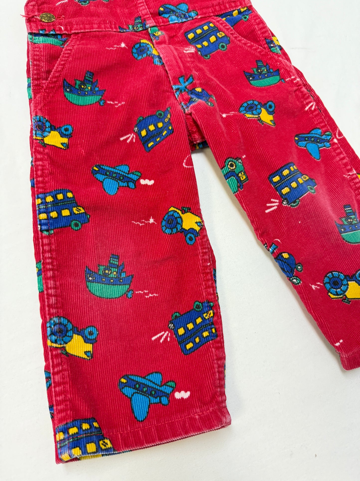 90s Kids Toddler Vintage Oshkosh Bgosh Red Cordury Plane Helicopter Tractor Bus AOP Cotton Overall / 2T/ Made in Canada