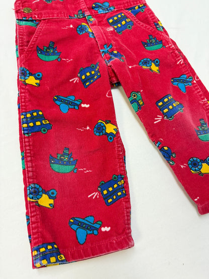 90s Kids Toddler Vintage Oshkosh Bgosh Red Cordury Plane Helicopter Tractor Bus AOP Cotton Overall / 2T/ Made in Canada