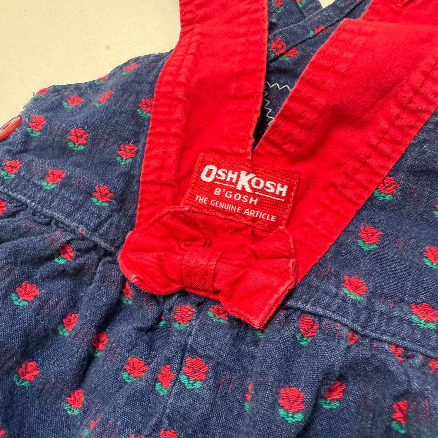 90s Kids Toddler Infant Vintage Baby B’Gosh Oshkosh Criss Cross  Dark Denim Red Flower Print AOP Romper //2T / Made in USA