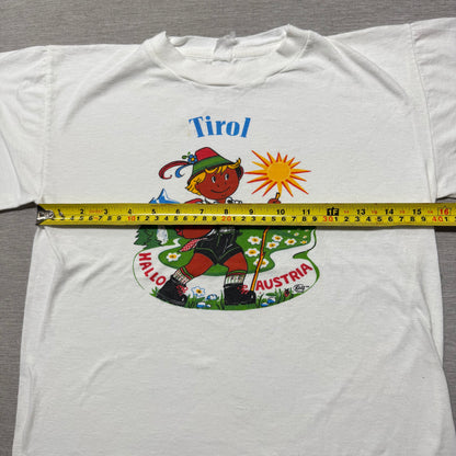 70s Kids Vintage Tirol Hallo Austria Kid Yodeller Print White Single Stitch Short Sleeve T-Shirt 7Y 8Y 9Y Baby Tee XS Adult