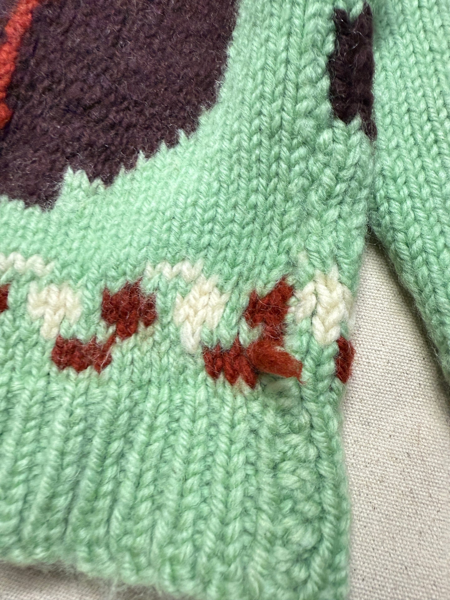 50s 60s Kids Toddler Vintage Mint Green Squirrel Lightning Zipper Cowichan Sweater / 3T 4T 5T