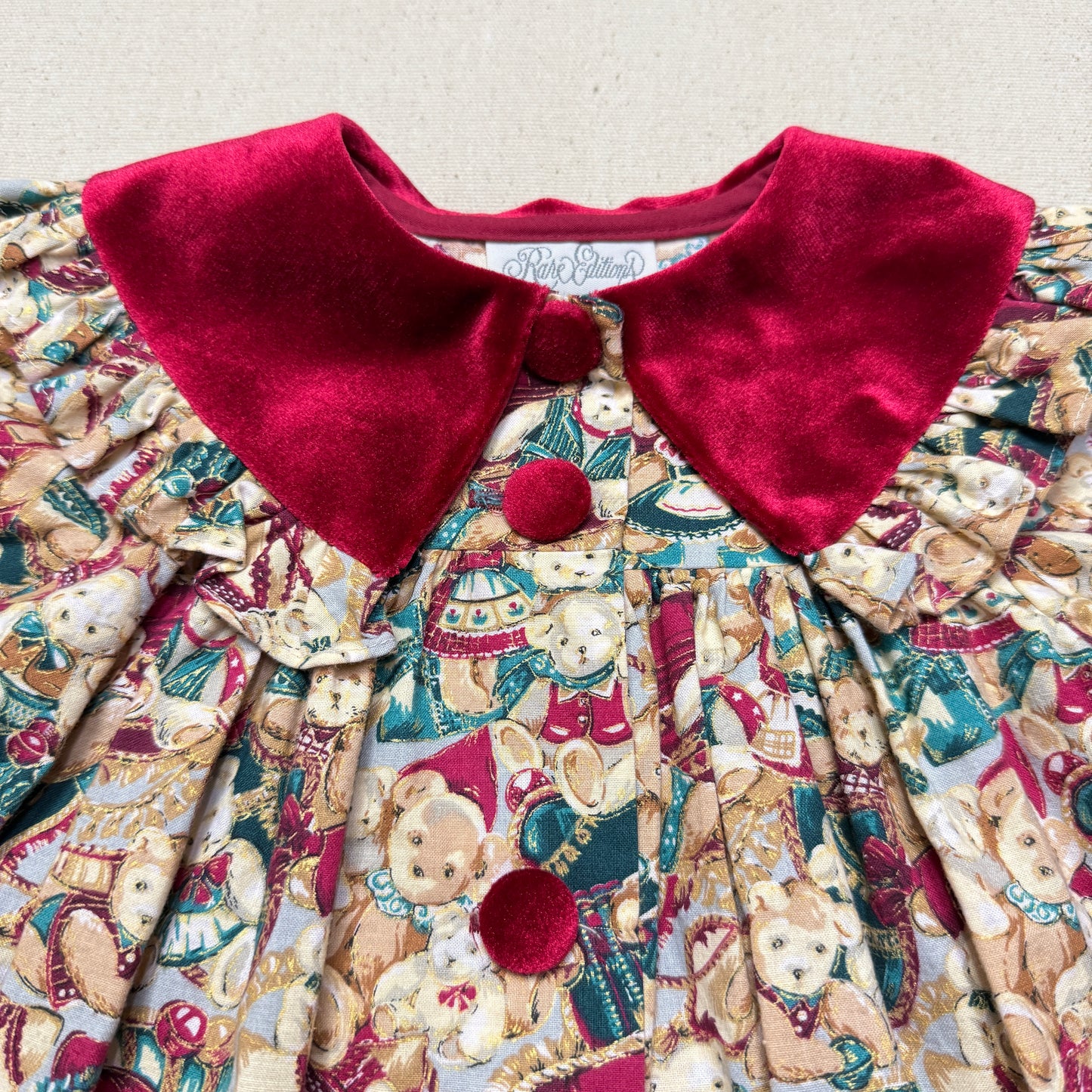 80s 90s Kids Toddler Vintage Teddy Bear AOP Christmas Pattern Velvet Round Collar Dress / 24m 2T   dress