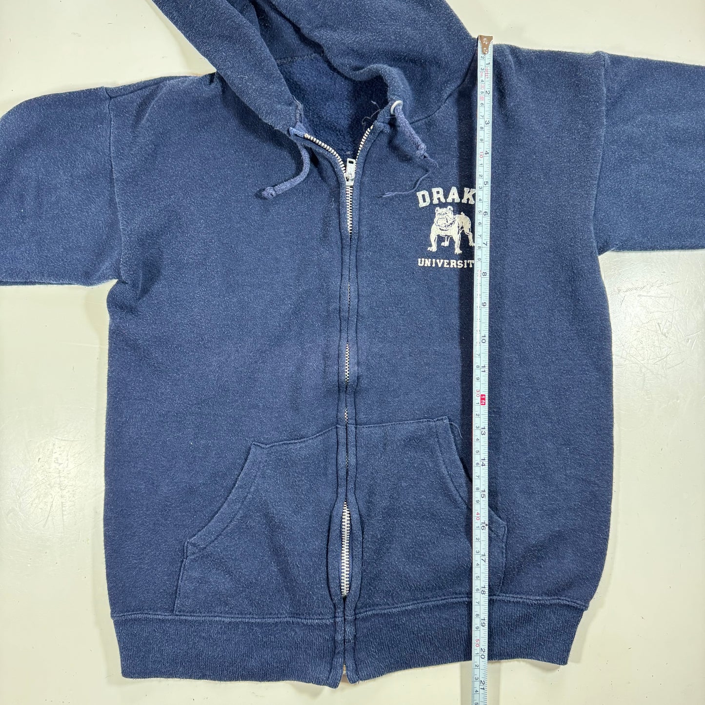 80s Kids Youth Vintage Drake University Flock Print Navy Zip Hooded Sweatshirt Made in USA L 14Y 16Y