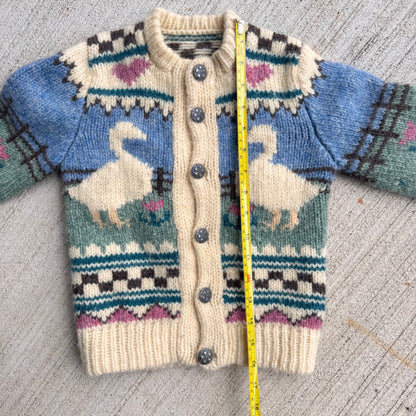 Kids Hand Knit Wool Cardigan With Ducks Front And Back 5Y 6Y 7Y