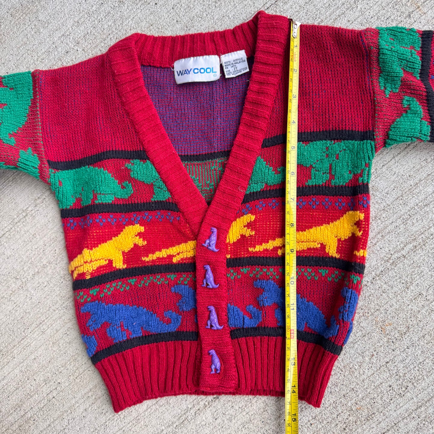 80s 90s Kids Toddler Vintage Multicolour Dinosaur Way Cool Cardigan Dino Buttons 2T