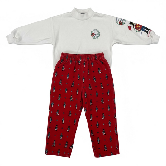 90s Kids Toddler Vintage Baby B’Gosh Oshkosh 2 Piece Set  Red Corduroy Mounties All Over Print & White Long Sleeve Shirt With Mounties On Both Sleeves / 4T/ Made in USA