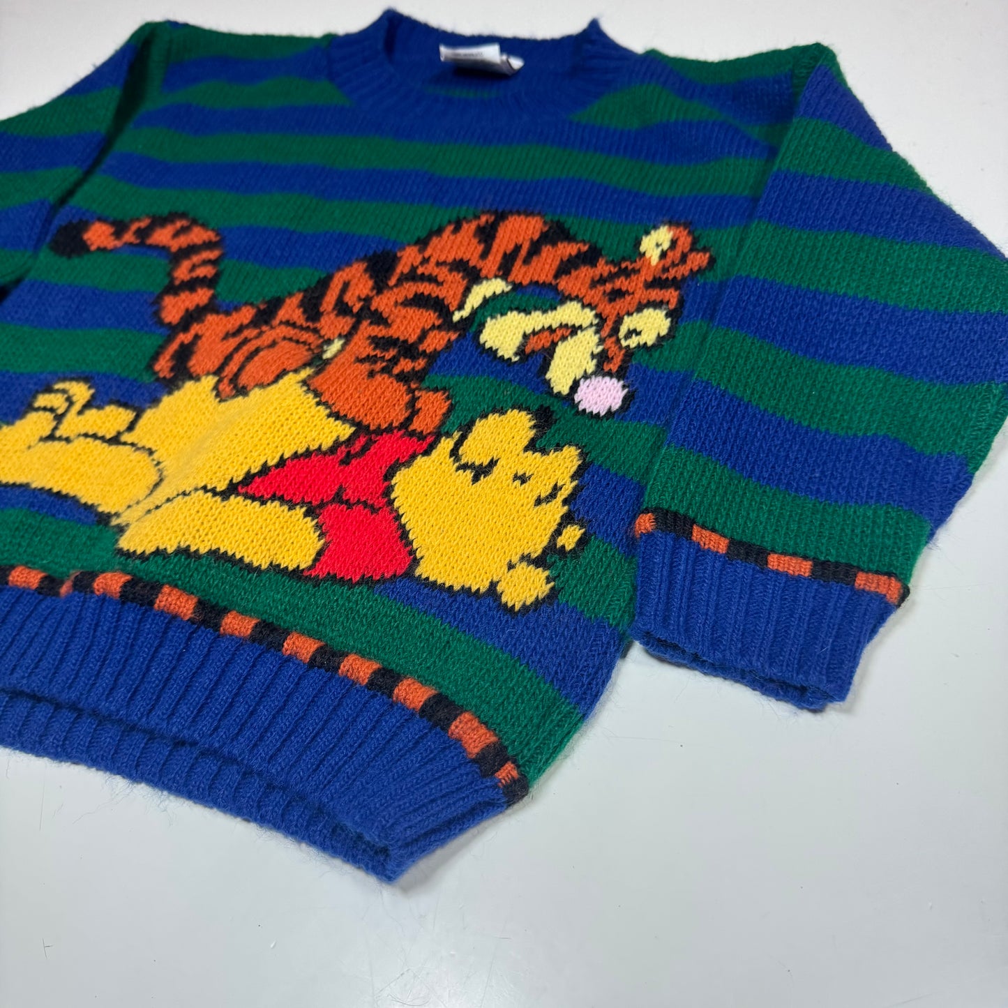 90s Kids Toddler Vintage Disney Pooh and Tiger Striped Green/Blue Knit Pullover Sweater Made in USA 3T