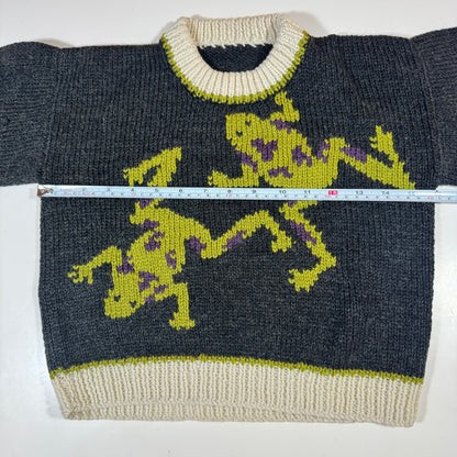 Kids Toddler Vintage Hand Knit Pullover Dark Gray AOP Cute Frogs Print 4Y 5Y 6Y
