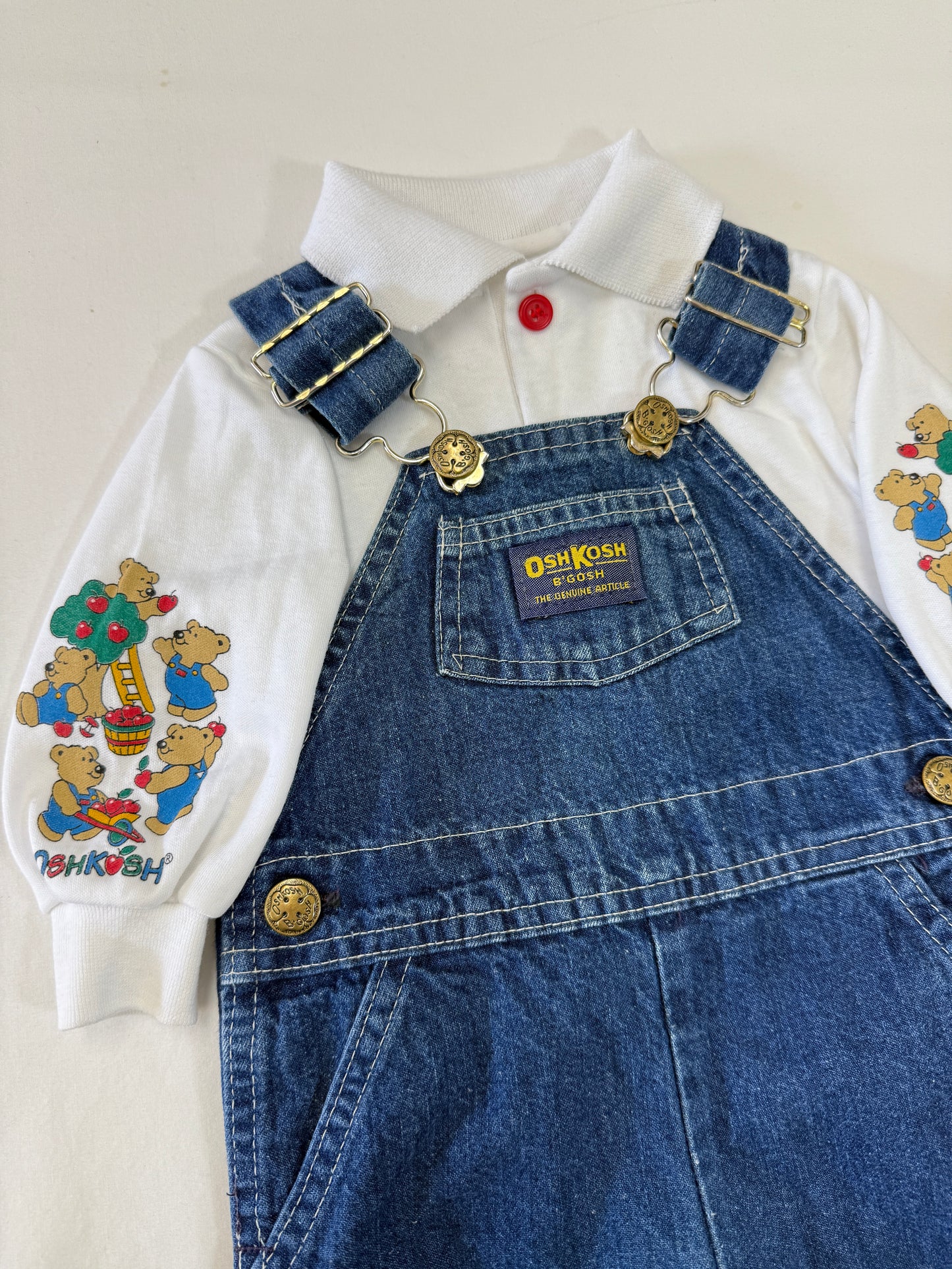 90s Kids Infant Baby Vintage Oshkosh Bgosh Denim Overall and Bears Print Longsleeve Polo Top 2pc Set / 3m 6m 9m / Made in USA