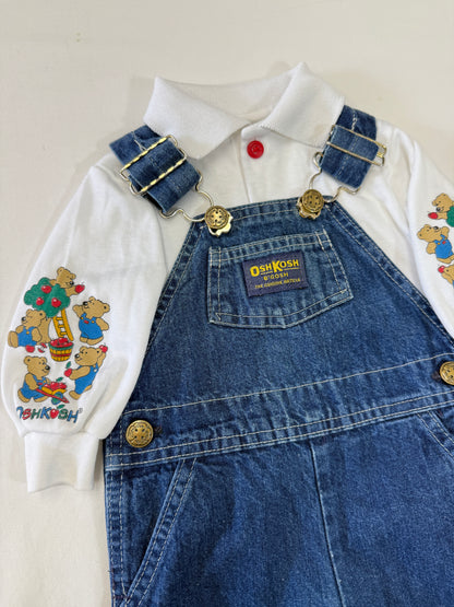 90s Kids Infant Baby Vintage Oshkosh Bgosh Denim Overall and Bears Print Longsleeve Polo Top 2pc Set / 3m 6m 9m / Made in USA
