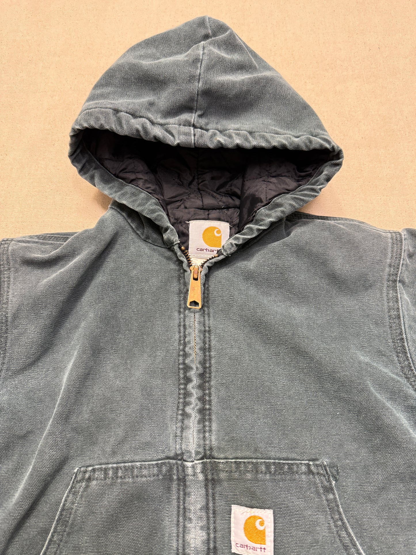 2002 Kids Youth Vintage Carhartt Dark Green Quilted Lined Hooded Active Jacket / 7y 8y 9y