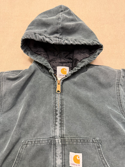 2002 Kids Youth Vintage Carhartt Dark Green Quilted Lined Hooded Active Jacket / 7y 8y 9y