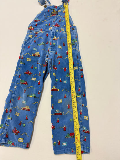 90s Kids Toddler Vintage Oshkosh Bgosh Construction Trucks AOP Blue Corduroy Overall / 5T 6y