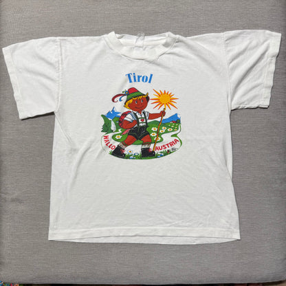70s Kids Vintage Tirol Hallo Austria Kid Yodeller Print White Single Stitch Short Sleeve T-Shirt 7Y 8Y 9Y Baby Tee XS Adult