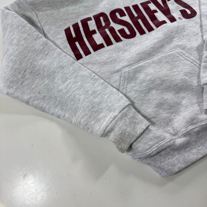 90s Kids Russell Light Gray Hooded Pullover Sweatshirt Hershey Big Logo M 10Y 11Y 12Y Made is USA