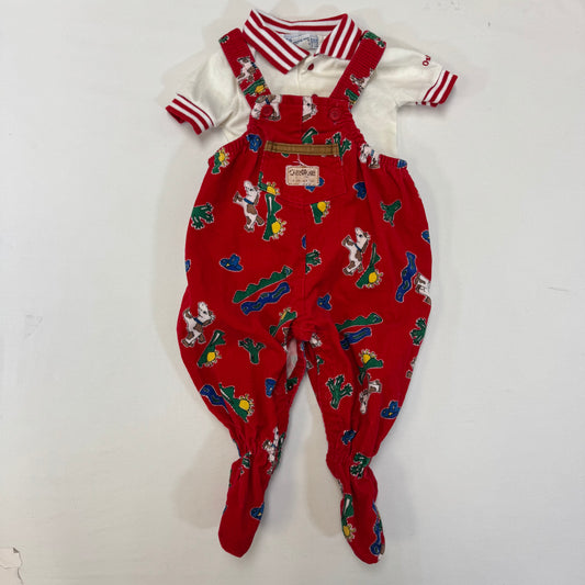 90s Kids Toddler Infant Vintage Baby B’Gosh Oshkosh Red Corduroy Horse Cactus Print Overall White T-shirt With Red Accents 2pc Set / 6m 9m / Made in USA