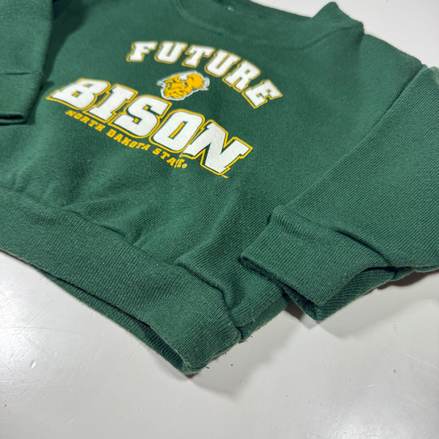 Early 2000s Kids Baby Vintage Future Bison North Dakota State Green Pullover Crew Sweatshirt 12M