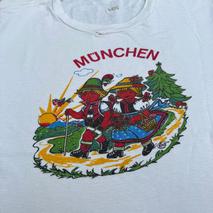 70s Kids Vintage Monchen Yoddlers Print SouvenirWhite 100% Cotton Single Stitch Short Sleeve T-Shirt 10Y Baby Tee XS Adult
