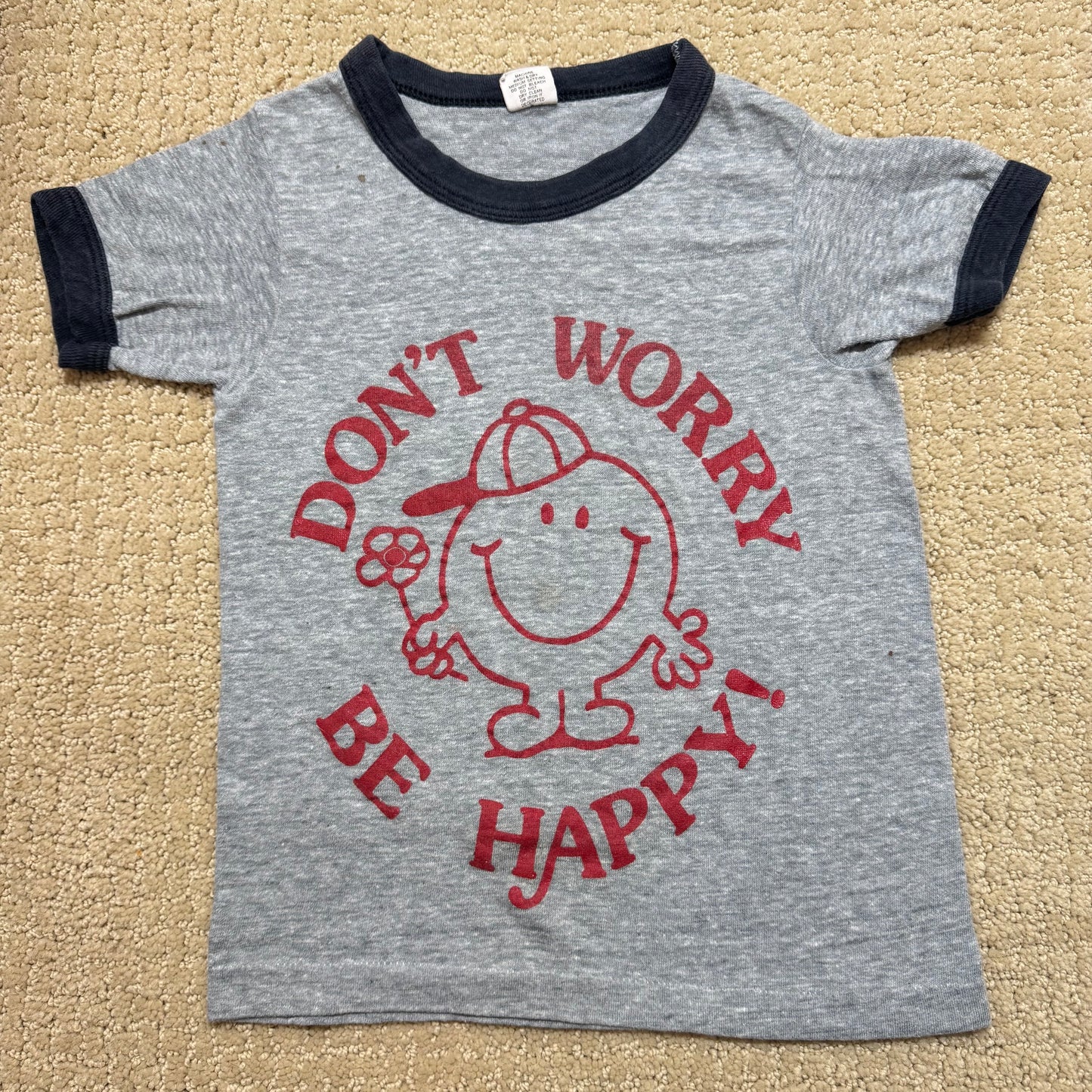 70s Kids Toddler Vintage Gray Hanes Ringer “Don’t Work Be Happy! “ Short Sleeve S 6Y 7Y 8Y Made in USA