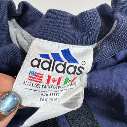 90s Vintage Adidas Kids Toddler Blue/Navy Lined Pullover Sleeves Striped Windbreaker Sweatshirt Jacket Big Logo L 6Y