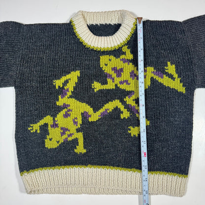 Kids Toddler Vintage Hand Knit Pullover Dark Gray AOP Cute Frogs Print 4Y 5Y 6Y